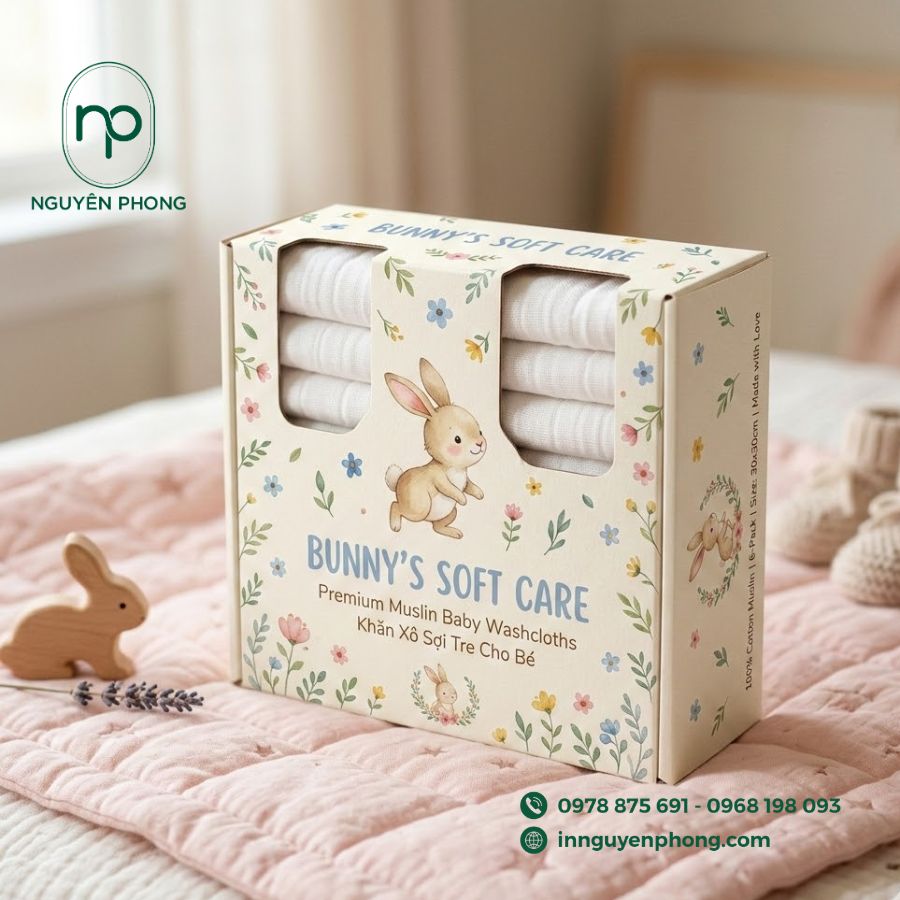 in hộp đựng khăn xô, khăn sữa cho em bé